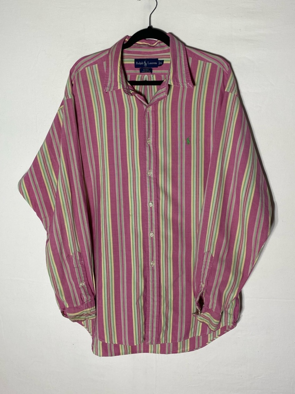 Vintage 90s Ralph Lauren Pink Green Yellow Multi Stripe Cotton Button Down XL